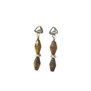 Tiger Eye Dangle Drop Earrings Solid Sterling Silver 925 Screw Back Womens